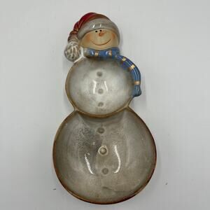 Old Time Home Decor Multicolor Pottery 9" Handmade Stained Snowman Holiday Dish